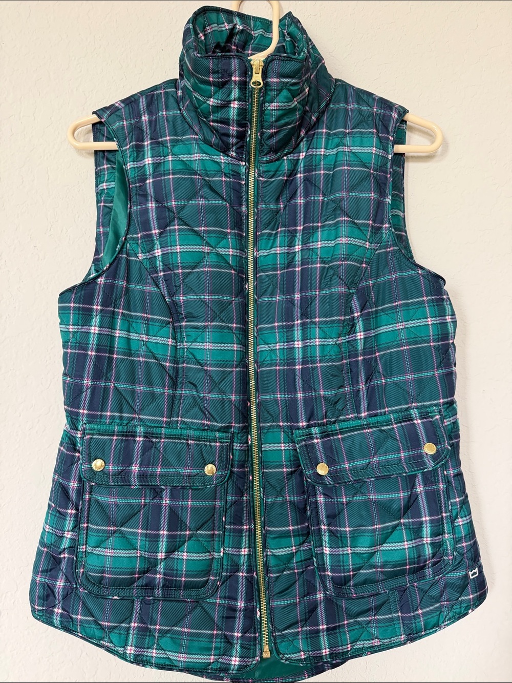 crown & ivy Teal and Navy Quilted Plaid Puffer Vest
